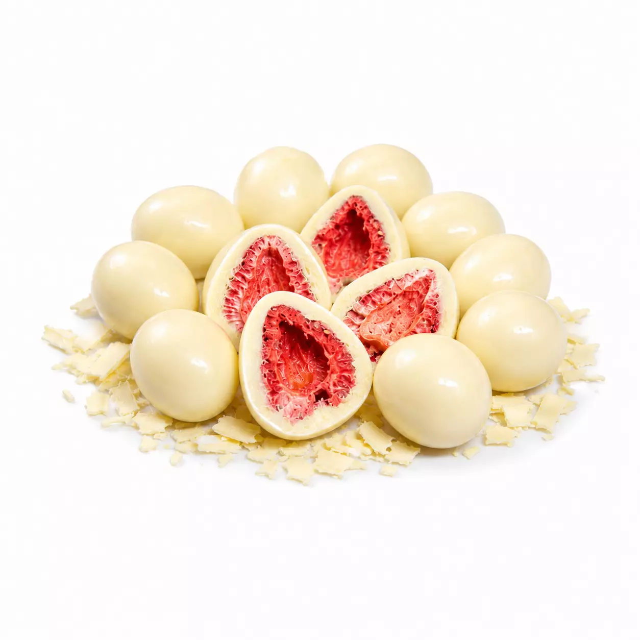 Dragee de Morango Chips Liofilizado Coberto Com Chocolate Branco