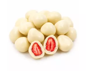 Dragee de Morango Chips Liofilizado Coberto Com Chocolate Branco
